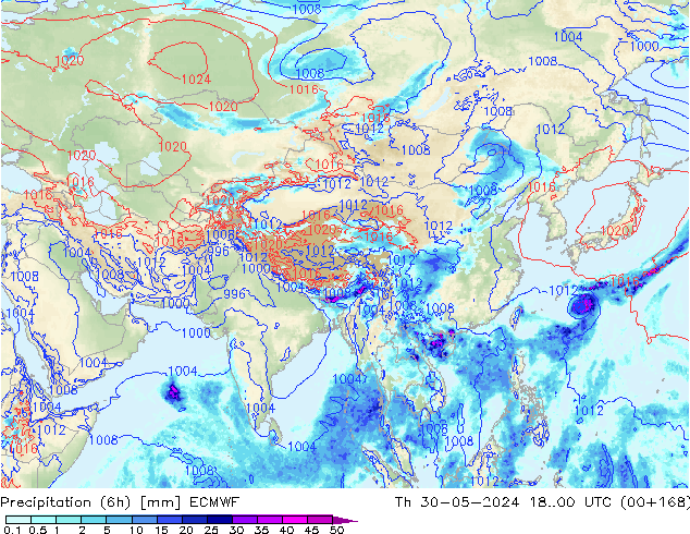 Precipitation (6h) ECMWF Čt 30.05.2024 00 UTC