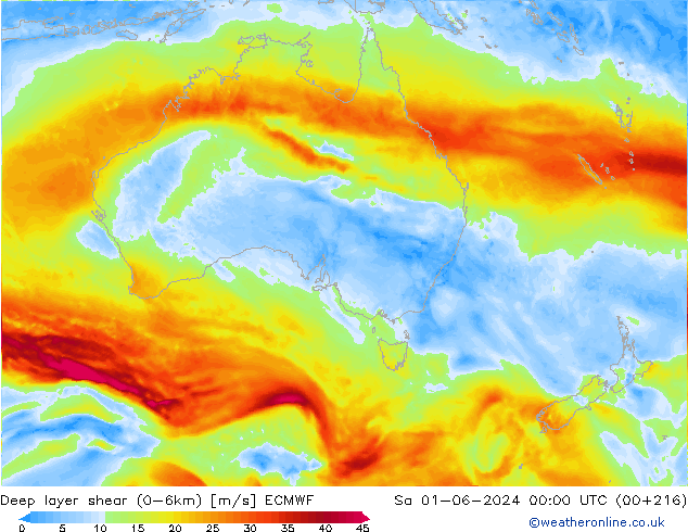 Deep layer shear (0-6km) ECMWF za 01.06.2024 00 UTC