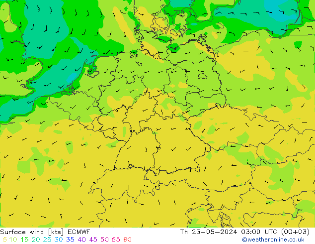 Surface wind ECMWF Čt 23.05.2024 03 UTC