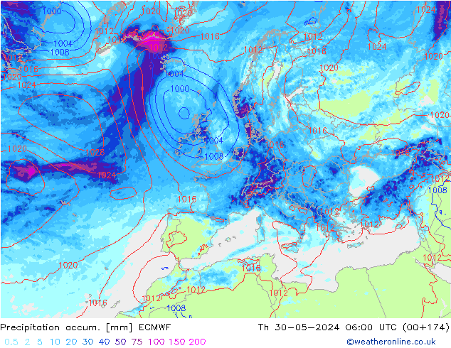 Precipitation accum. ECMWF Qui 30.05.2024 06 UTC