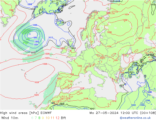 yüksek rüzgarlı alanlar ECMWF Pzt 27.05.2024 12 UTC
