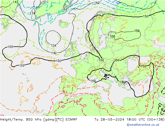 Height/Temp. 850 hPa ECMWF Út 28.05.2024 18 UTC