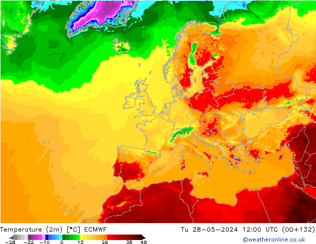 Temperatuurkaart (2m) ECMWF di 28.05.2024 12 UTC