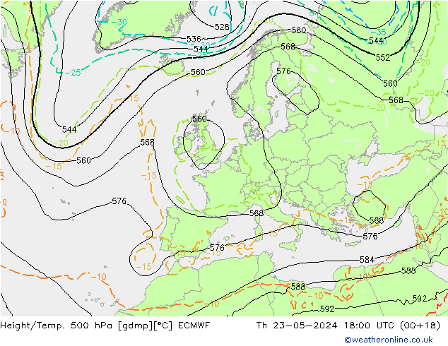 Z500/Rain (+SLP)/Z850 ECMWF Th 23.05.2024 18 UTC