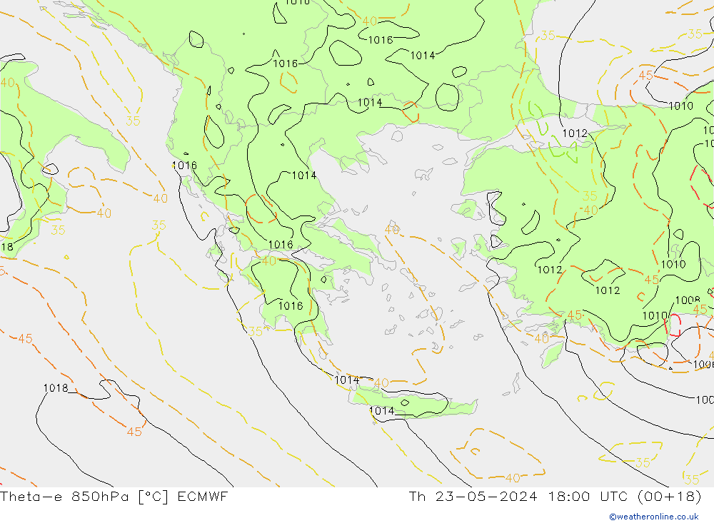 Theta-e 850hPa ECMWF Čt 23.05.2024 18 UTC
