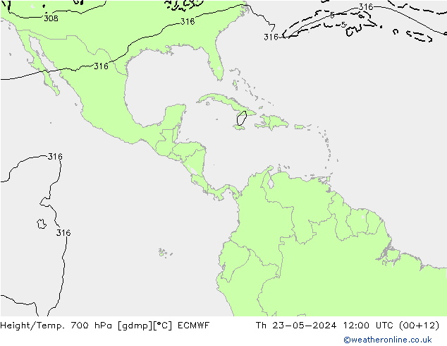 Height/Temp. 700 hPa ECMWF Do 23.05.2024 12 UTC