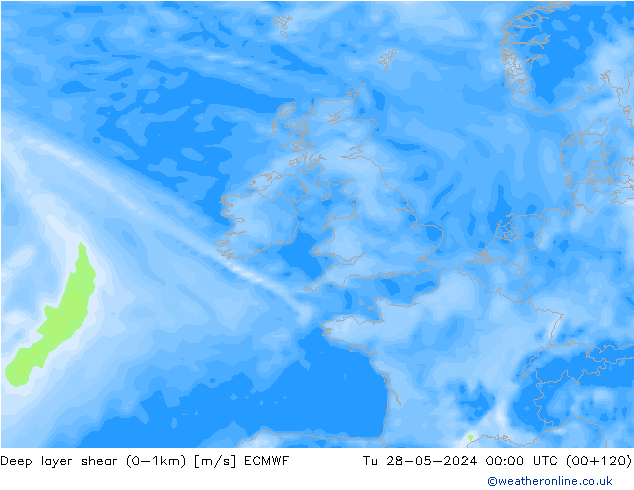 Deep layer shear (0-1km) ECMWF вт 28.05.2024 00 UTC