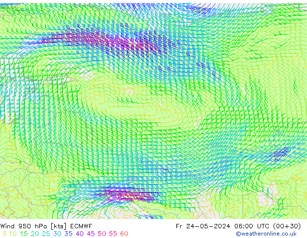 Rüzgar 950 hPa ECMWF Cu 24.05.2024 06 UTC
