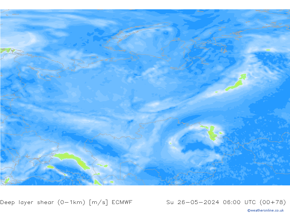 Deep layer shear (0-1km) ECMWF nie. 26.05.2024 06 UTC