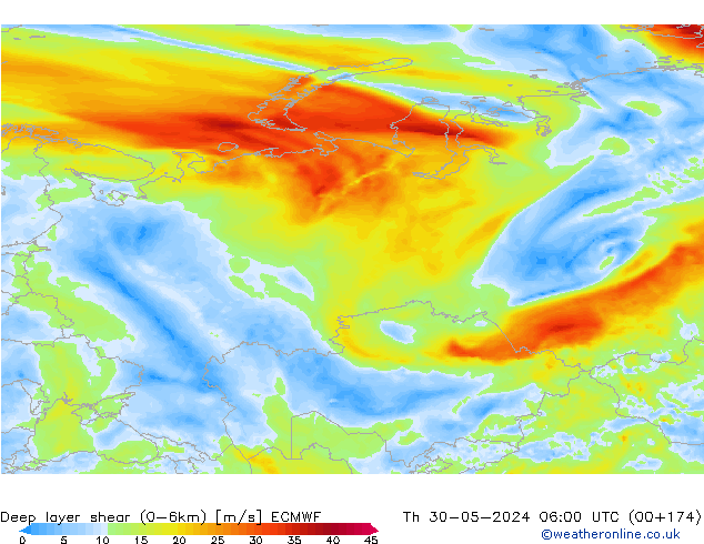 Deep layer shear (0-6km) ECMWF do 30.05.2024 06 UTC