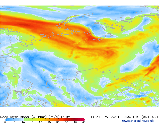 Deep layer shear (0-6km) ECMWF Fr 31.05.2024 00 UTC