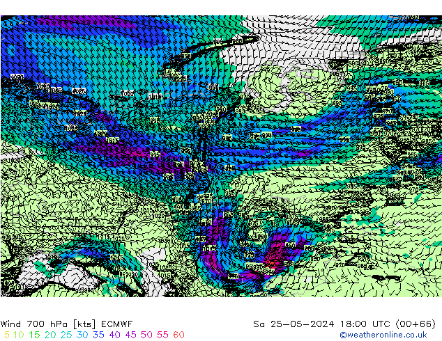 Wind 700 hPa ECMWF Sa 25.05.2024 18 UTC
