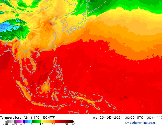 Temperatuurkaart (2m) ECMWF wo 29.05.2024 00 UTC