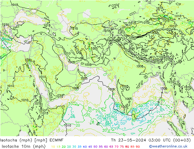 Isotachs (mph) ECMWF 星期四 23.05.2024 03 UTC