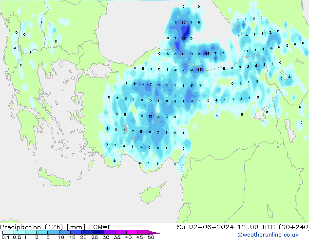 Totale neerslag (12h) ECMWF zo 02.06.2024 00 UTC