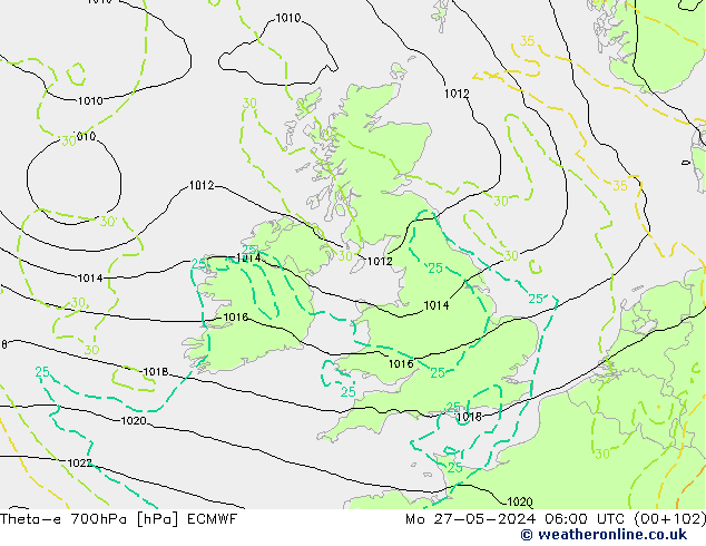 Theta-e 700hPa ECMWF lun 27.05.2024 06 UTC