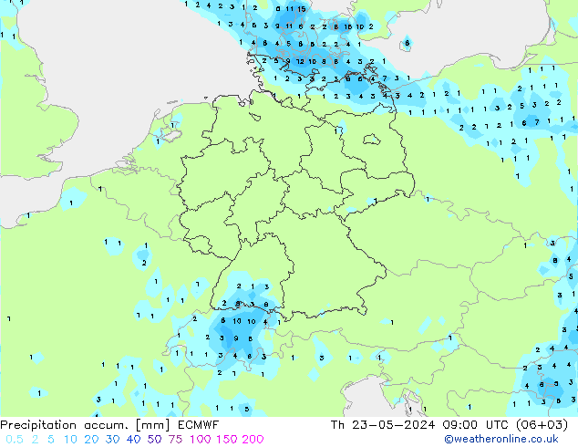 Precipitation accum. ECMWF 星期四 23.05.2024 09 UTC