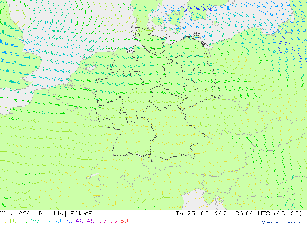 风 850 hPa ECMWF 星期四 23.05.2024 09 UTC