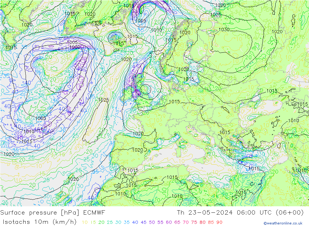 10米等风速线 (kph) ECMWF 星期四 23.05.2024 06 UTC