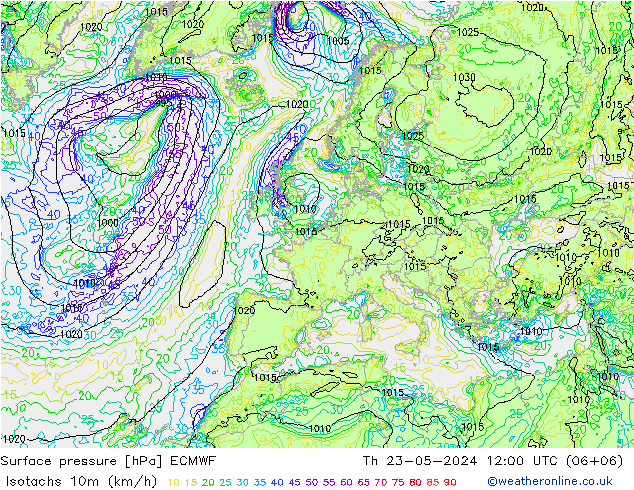 10米等风速线 (kph) ECMWF 星期四 23.05.2024 12 UTC