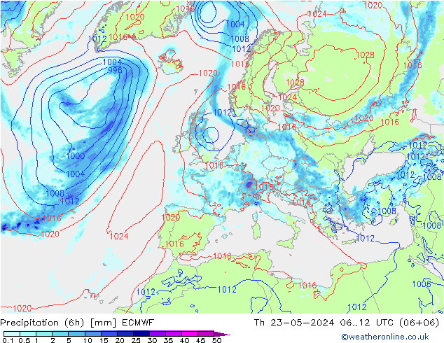 Z500/Rain (+SLP)/Z850 ECMWF jue 23.05.2024 12 UTC