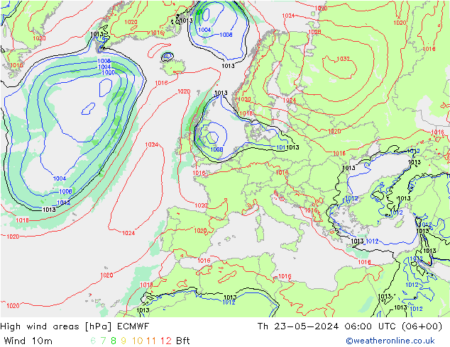 High wind areas ECMWF jue 23.05.2024 06 UTC