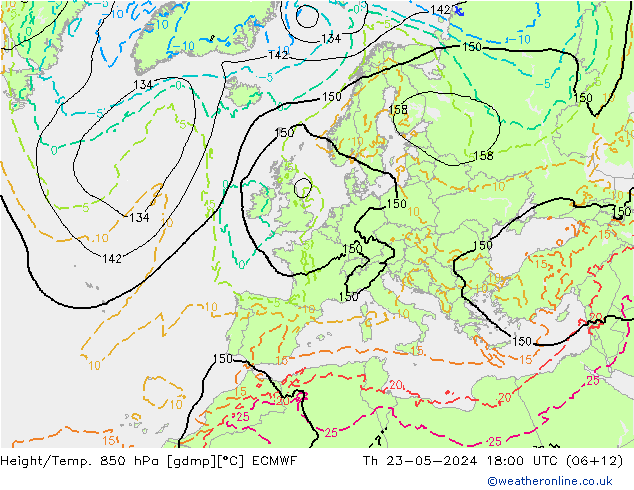 Hoogte/Temp. 850 hPa ECMWF do 23.05.2024 18 UTC