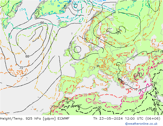 Height/Temp. 925 hPa ECMWF Do 23.05.2024 12 UTC