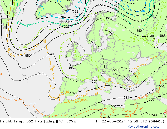 Z500/Rain (+SLP)/Z850 ECMWF Do 23.05.2024 12 UTC