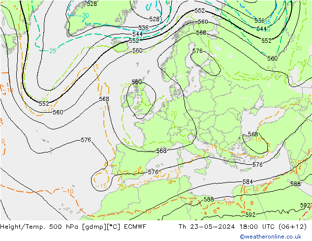 Z500/Rain (+SLP)/Z850 ECMWF 星期四 23.05.2024 18 UTC