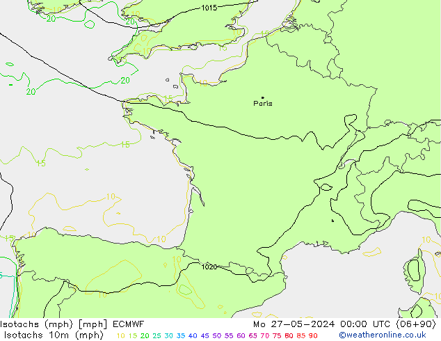 Isotachen (mph) ECMWF Mo 27.05.2024 00 UTC
