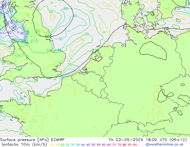 10米等风速线 (kph) ECMWF 星期四 23.05.2024 18 UTC