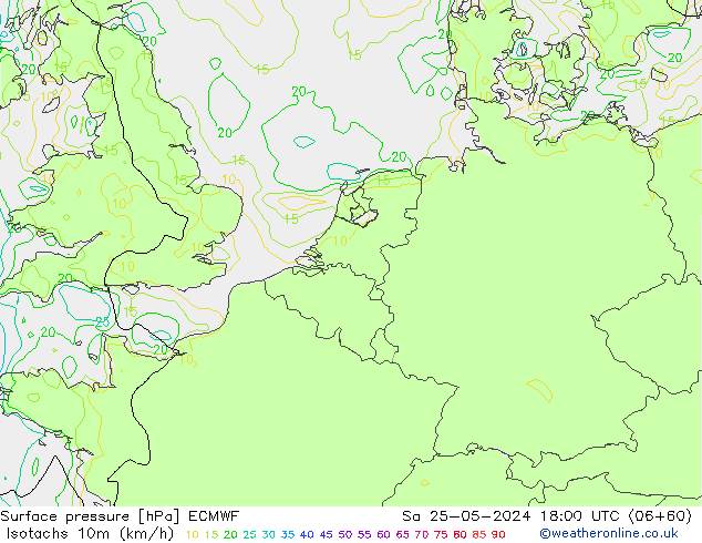Isotachs (kph) ECMWF sab 25.05.2024 18 UTC