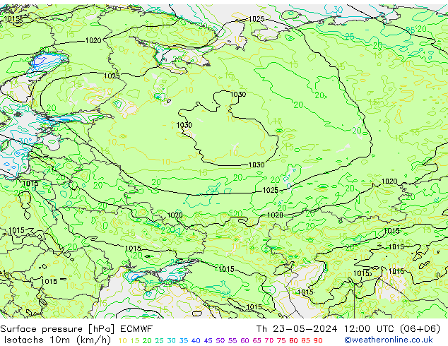 Isotachen (km/h) ECMWF do 23.05.2024 12 UTC