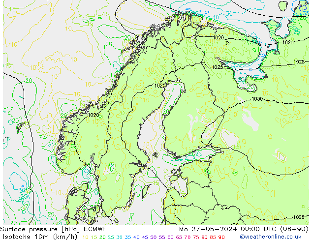 Isotachs (kph) ECMWF Mo 27.05.2024 00 UTC