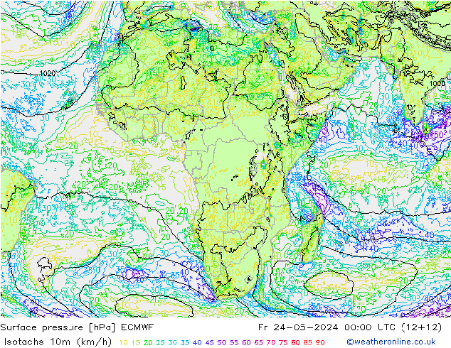 Eşrüzgar Hızları (km/sa) ECMWF Cu 24.05.2024 00 UTC