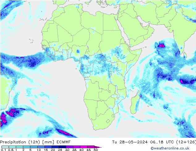 Totale neerslag (12h) ECMWF di 28.05.2024 18 UTC