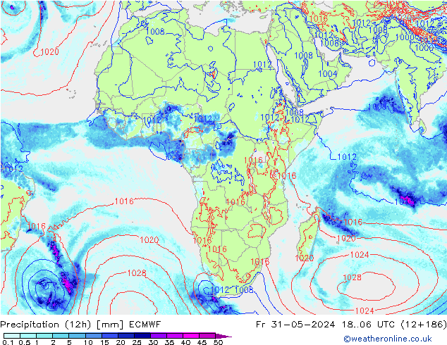 Precipitation (12h) ECMWF Pá 31.05.2024 06 UTC