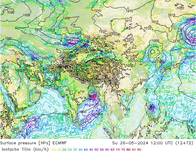 Eşrüzgar Hızları (km/sa) ECMWF Paz 26.05.2024 12 UTC