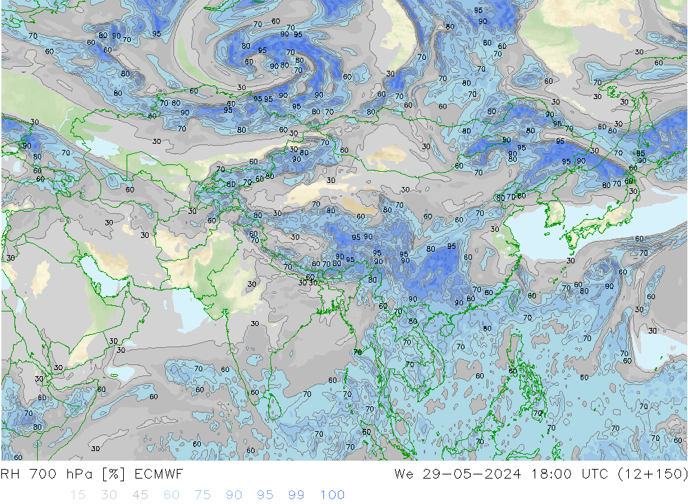 RH 700 hPa ECMWF śro. 29.05.2024 18 UTC