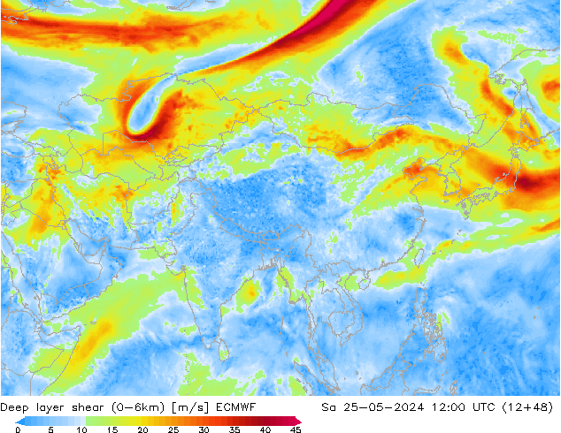 Deep layer shear (0-6km) ECMWF Sa 25.05.2024 12 UTC