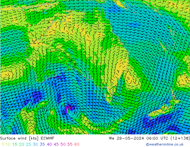 Vento 10 m ECMWF mer 29.05.2024 06 UTC