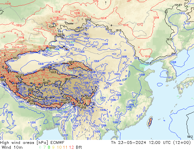 High wind areas ECMWF Čt 23.05.2024 12 UTC