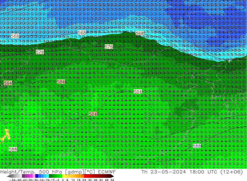 Z500/Rain (+SLP)/Z850 ECMWF 星期四 23.05.2024 18 UTC