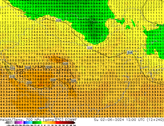 Height/Temp. 700 hPa ECMWF 星期日 02.06.2024 12 UTC