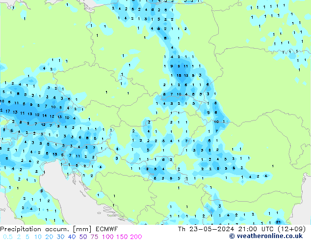 Precipitation accum. ECMWF Th 23.05.2024 21 UTC