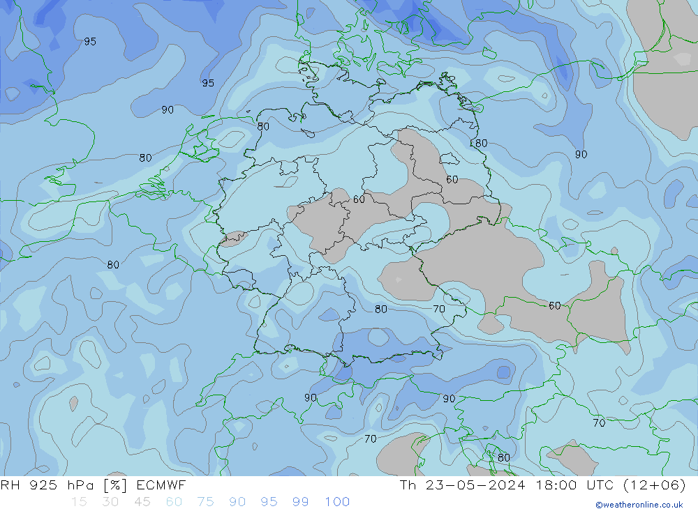 Humedad rel. 925hPa ECMWF jue 23.05.2024 18 UTC
