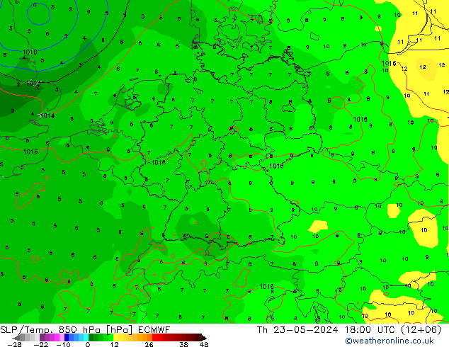 SLP/Temp. 850 hPa ECMWF jue 23.05.2024 18 UTC