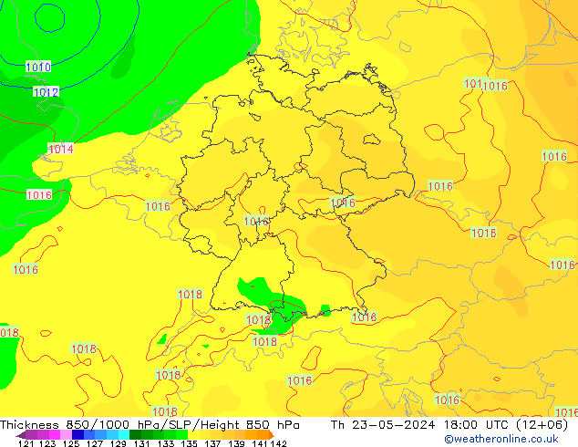 Espesor 850-1000 hPa ECMWF jue 23.05.2024 18 UTC