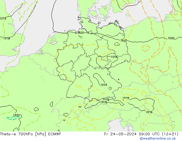 Theta-e 700hPa ECMWF 星期五 24.05.2024 09 UTC